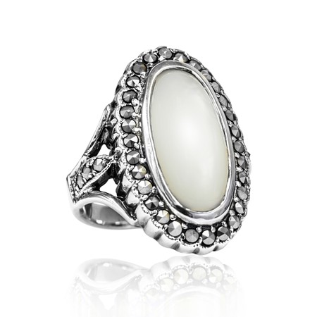 Mother of Pearl Oval with Marcasite Ring - Click Image to Close